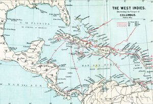 Mapa de las Indias Occidentales ilustrando los viajes de Cristóbal Colón, de la Vida de Cristóbal Colón por Clements R. Markham, publicado en 1892 de English School